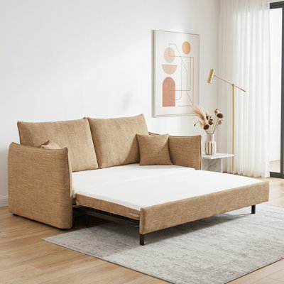 Tan Textured Chenille Fabric Sofa with Accent Pillows