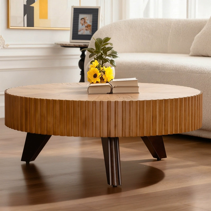 Table basse ronde 35,4 po, H 13,77 po x L 35,4 po x l 35,4 po, Plateau naturel / base brune