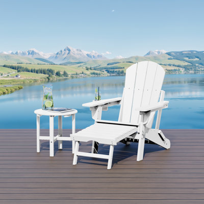 Outdoor Folding Adjustable Adirondack Chair With Hideaway Ottoman & Round Side Table