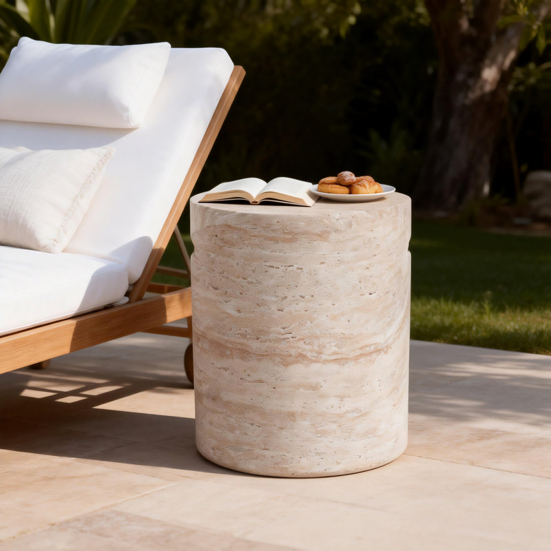 Jacqueline Stone/Concrete Side Table, Travertine, 18.5" H x 15.5" W x 15.5" D