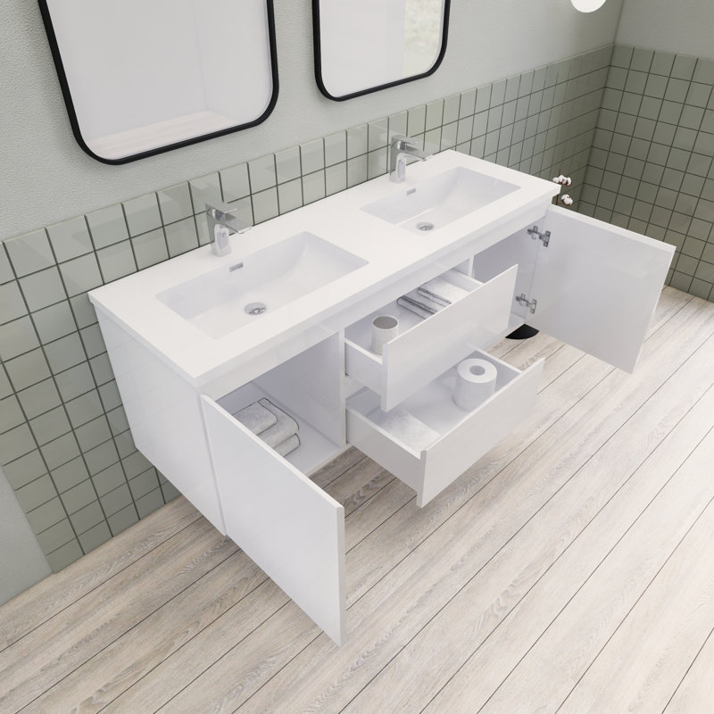 Meuble-lavabo double 60 po Alcester Ivy Bronx, Blanc lustré