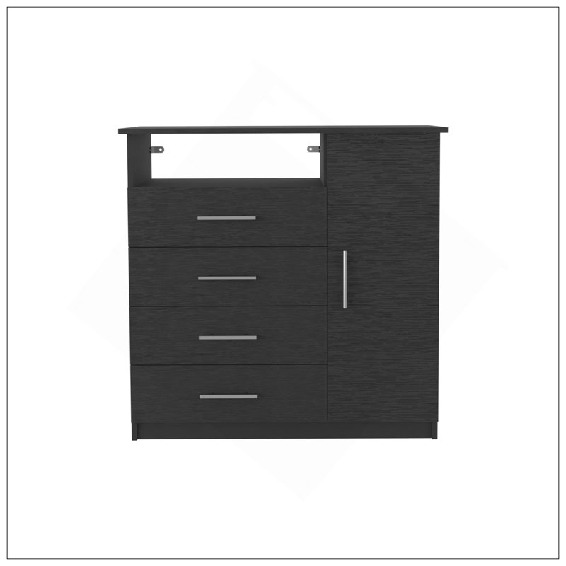 Commode 4 tiroirs, armoire à une porte, tablette ouverte, plateau supérieur - noir, Noir