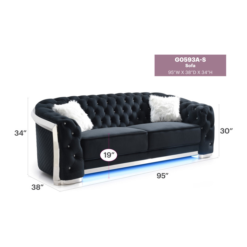 Micheal 94'' Velvet Sofa, Black Velvet, 34"H x 94"W x 37"D