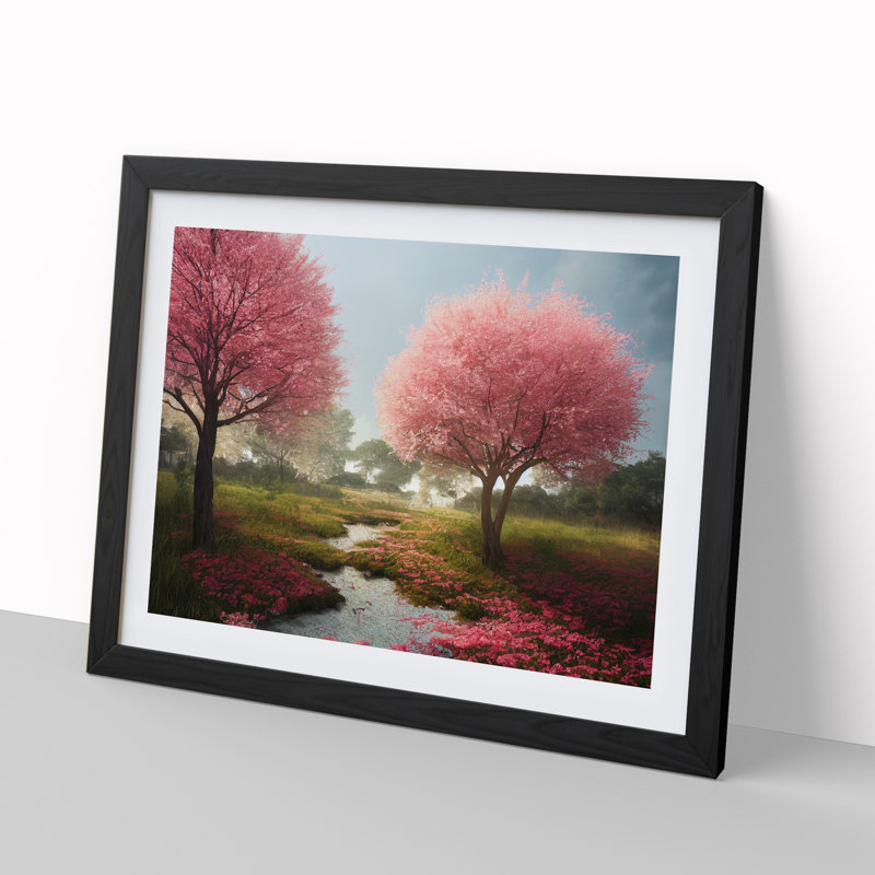 Blissful Cherry Blossom Trees - Single Picture Frame Print, Black, 25cm H x 34cm W x 2cm D