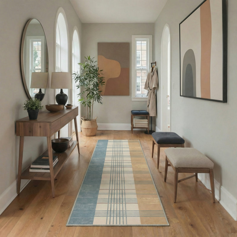 Tapis d'intérieur bleu / jaune / beige lavable à la machine Vesper avec envers antidérapant, Tapis de couloir 2 pi x 6 pi