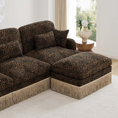 Leopard Print Chenille Loveseat Sofa with Tassel Trim and Modular Design