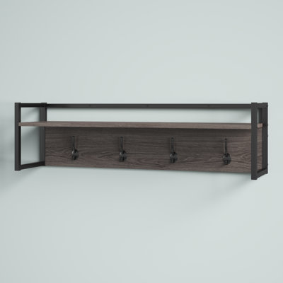 RiverRidge Afton 4-Hook Wall Mount Entryway Organizer Coat Rack Hanger - Weathered Woodgrain and Dark Brown Hooks