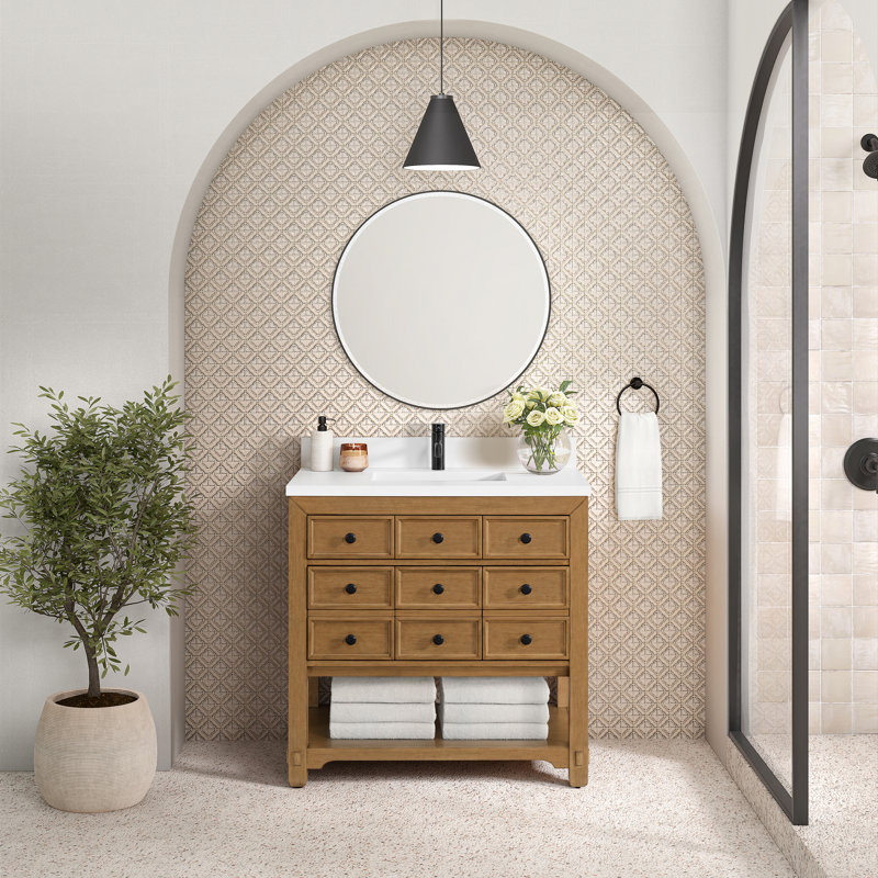 Malibu 36'' W Single Vanity, White Zeus, Widespread, Amber Birch