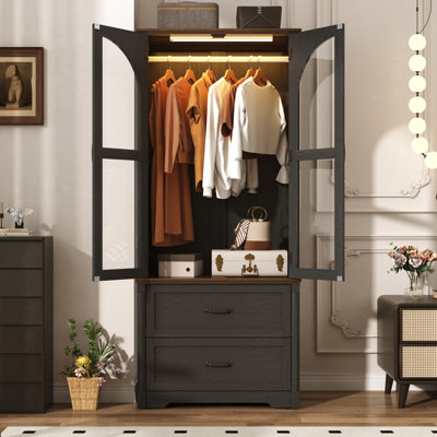 Tall Farmhouse Arched Wardrobe With Led Lighting, 72" Freestanding Clothing Storage Cabinet With Glass Doors & Drawers For Bedroom by Fushimuma