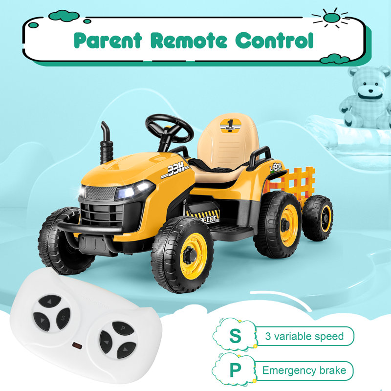 Yellow 12V Ride-On Tractor with Trailer and LED Lights