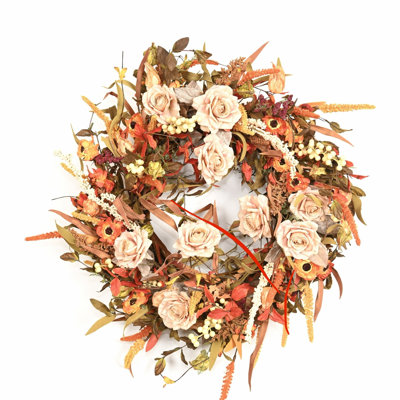 24" Artificial Rustic Fall Foliage Sunflower Rose Floral Wreath, Autumn Harvest Thanksgiving Front Door Decor