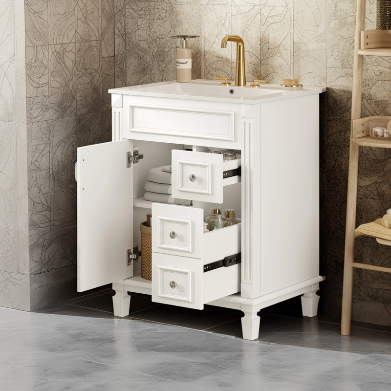 Meuble-lavabo moderne 24 po avec lavabo en céramique, 2 tiroirs, tablette réglable, Blanc, Argent argent