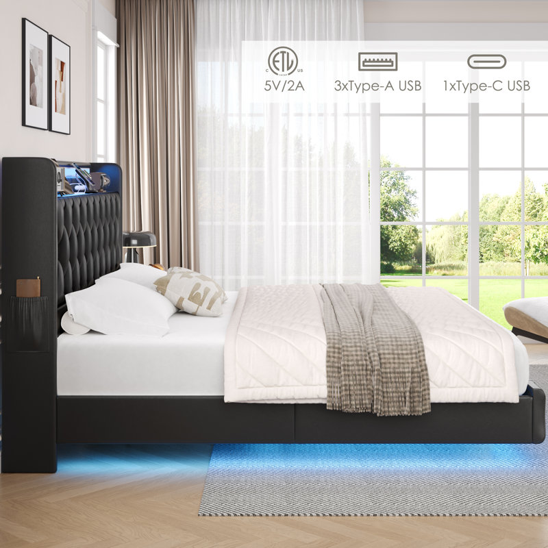 Upholstered Floating Bed With LED Lights, Charging Port, Black, King