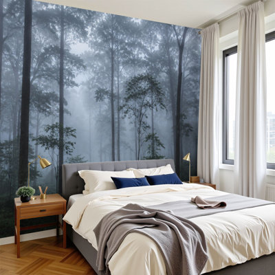 Papier peint adhésif pelez et collez Mystical Foggy Forest Tall Trees Silhaetted Foliage