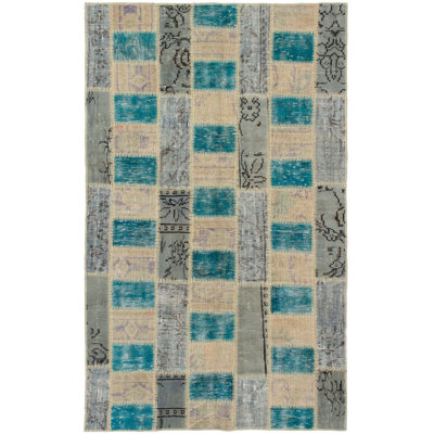 Tapis unique en laine noué à la main gris / turquoise des années 2010 4 pi 7 po x 7 pi 8 po Khalaf
