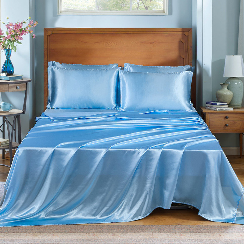 Ensemble d'édredon en satin avec draps pour très grand lit 8 pièces Silk Like Baby Blue, Bleu