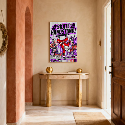 Ensemble de 1 tableau mural sur toile tendue représentant un père Noël en équilibre sur les mains, style graffiti de Noël