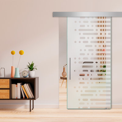 Porte de grange coulissante en verre sans cadre avec design moderne givré + ensemble de quincaillerie (semi-privée)