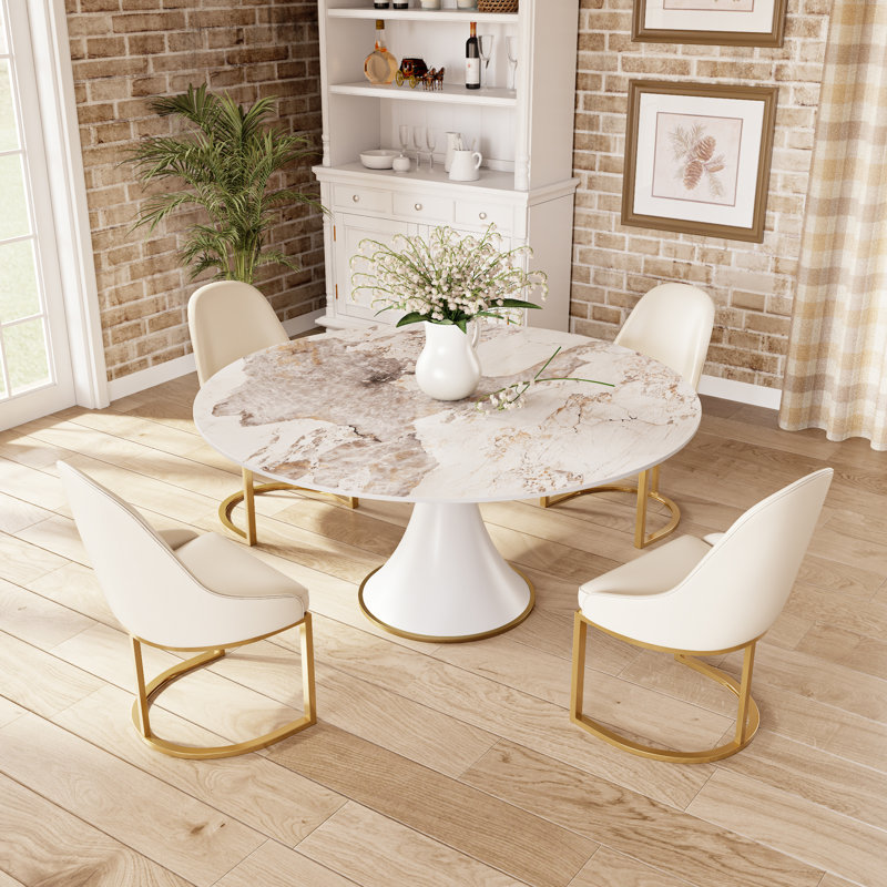 Ensemble de table ronde blanc pierre, H 29,52 po x l 59 po x P 59 po, Sable chaud, 5 pièces: table, 4 chaises