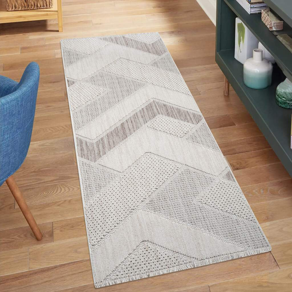 Teppich Lindo 8877 Kurzflor 3D-Optik Fransen Terra Geo-Muster Boho-Stil Wohnzimmer Britane