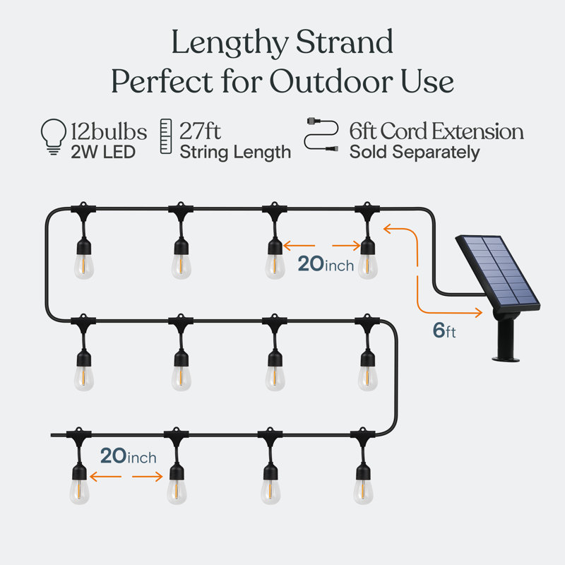 Ambience Pro 27 ft. Heavy Duty Outdoor Solar-Powered LED String Lights with 12 Warm White S14 Bulbs, Weatherproof Cord and 15-Piece Hook Set