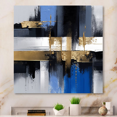Peinture murale dorée et bleue Elegance III - Collages abstraits, art mural en métal