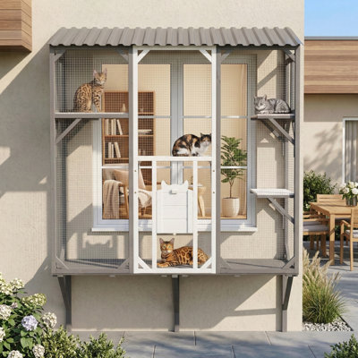 Outdoor Cat Catio Enclosure With Roof, Large Wooden Cat Cage Playpen With Platforms