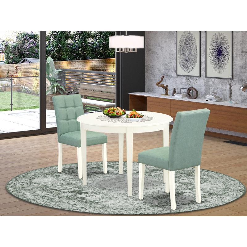 3 Piece Kitchen Table Set consists A Dining Room Table and 2 Willow Green Polyester Fabric Kitchen Chairs, Linen White