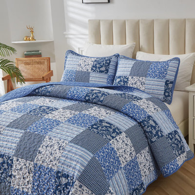 3 Pieces Reversible Patchwork Plaid Floral Boho Quilt Set All-Season Bedding Coverlet Set