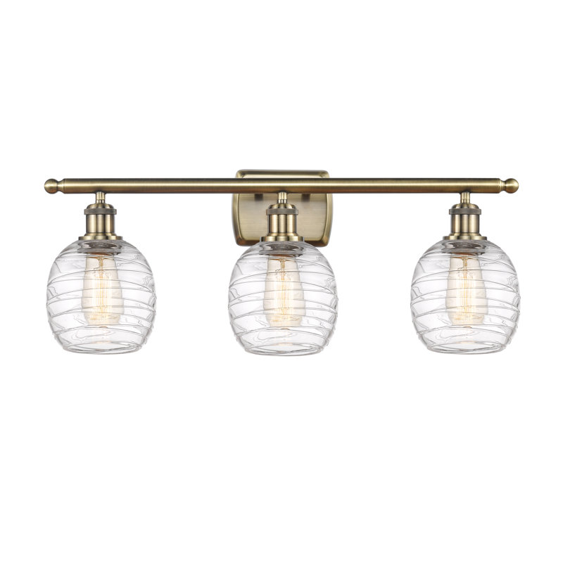 Carlucci 3 - Light Dimmable Vanity Light, 60 Watt Vintage Incandescent Bulb, Antique Brass, Clear Deco Swirl