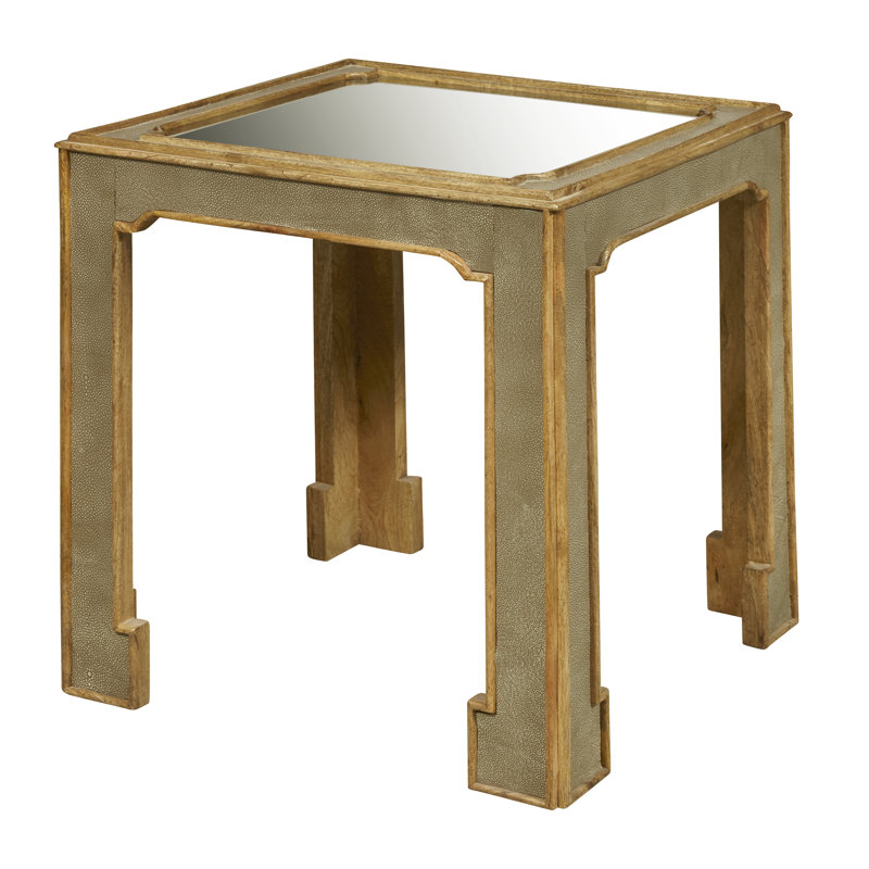 Gray Faux Shagreen Square Side Table with Mirrored Top