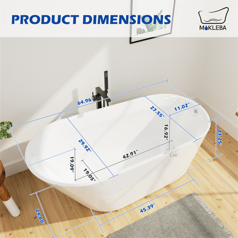 65''L x30''W Freestanding Acrylic Slipper Soaking Bathtub, Chrome Drain & Pearl-Shaped Overflow, Modern Design for Luxury Bathrooms