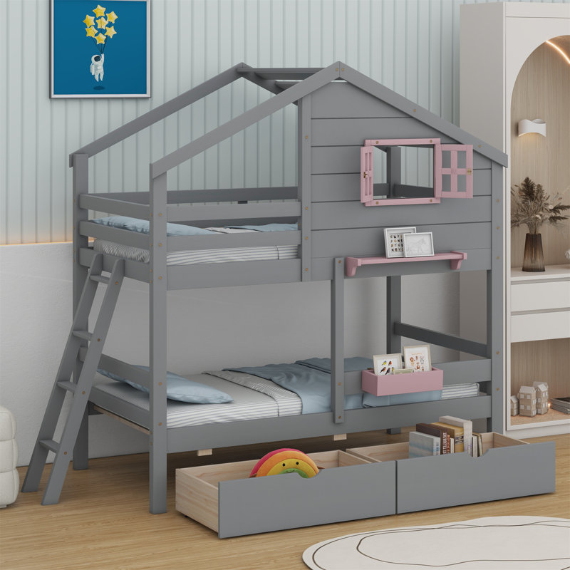 Lit superposé avec 2 tiroirs, 1 boîte de rangement, 1 tablette, fenêtre et toit, Gris