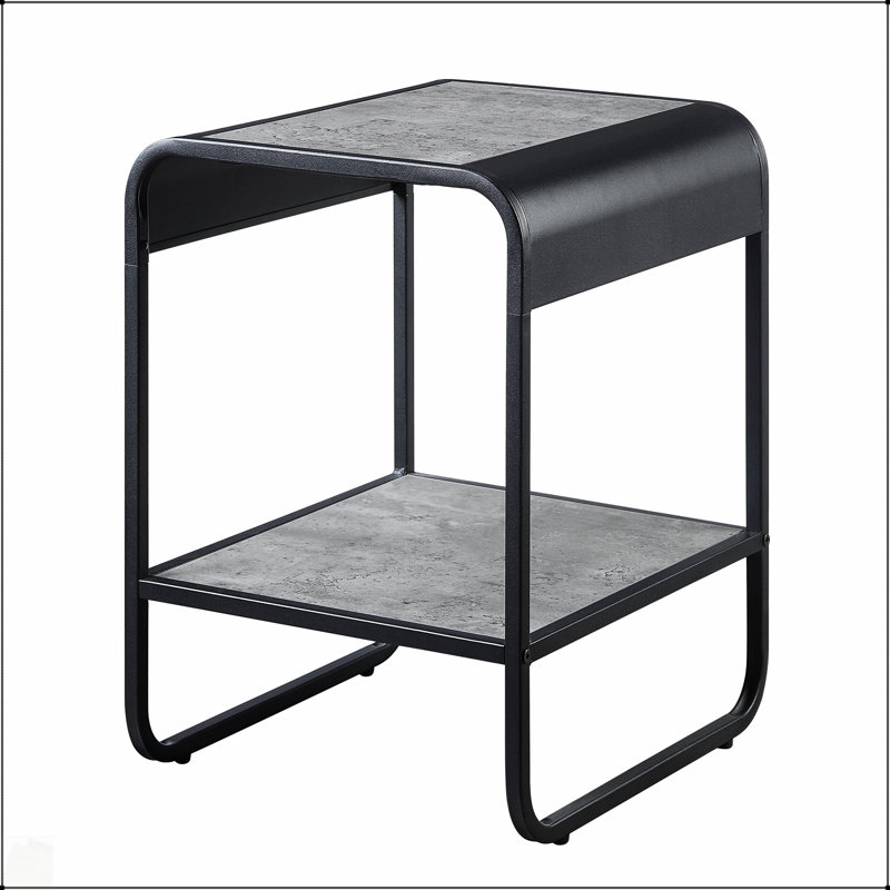 Table de bout à 1 tablette en béton gris et noir avec bords arrondis pour une vie moderne et un rangement supplémentaire