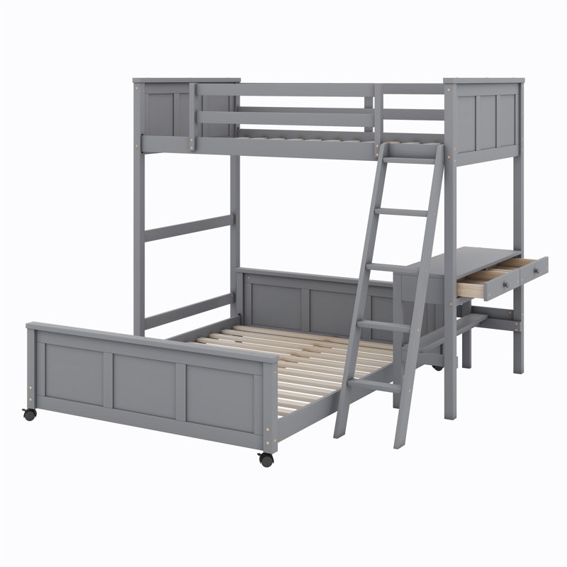 Icaro Bunk Bed with Desk, Gray, Twin Over Full