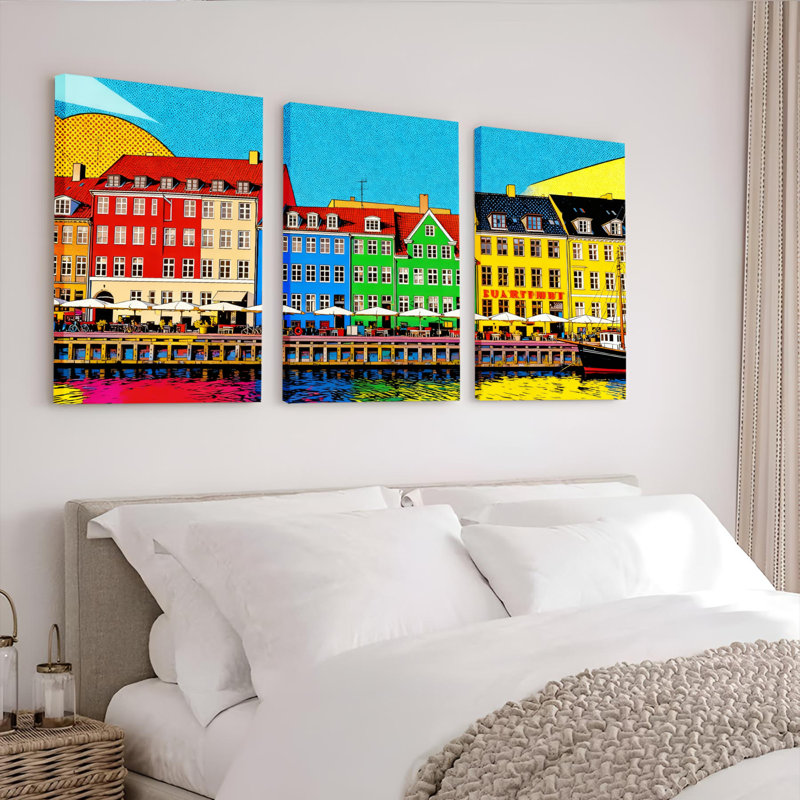 Ensemble de 3 tableaux sur toile représentant des paysages urbains scandinaves colorés, H 18 po x l 36 po
