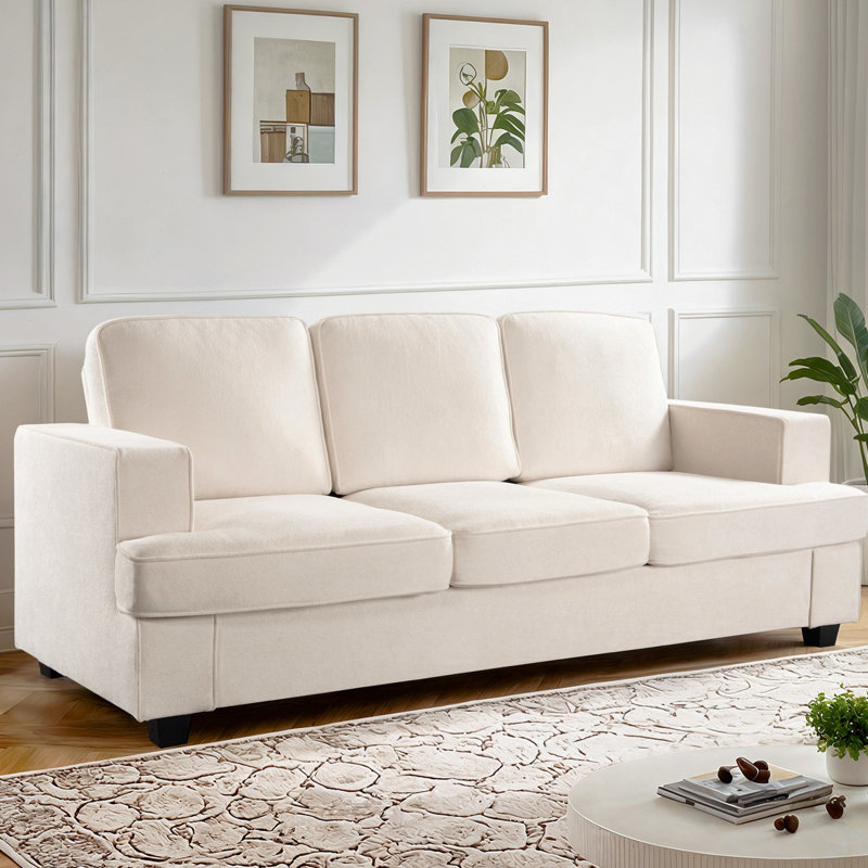 Canapé 3 places en velours à assise profonde, mousse haute, pour appartement, salon, bureau 3 places et idéal, Ivoire ivoire