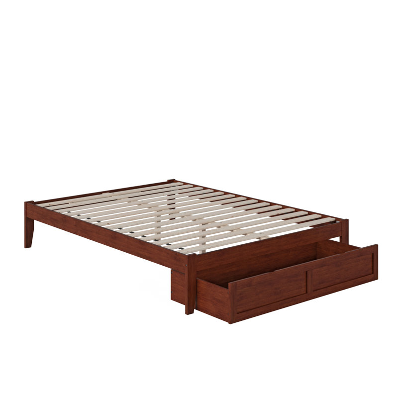 Lit plateforme avec rangement en bois massif Aayanna, Grand, Noyer