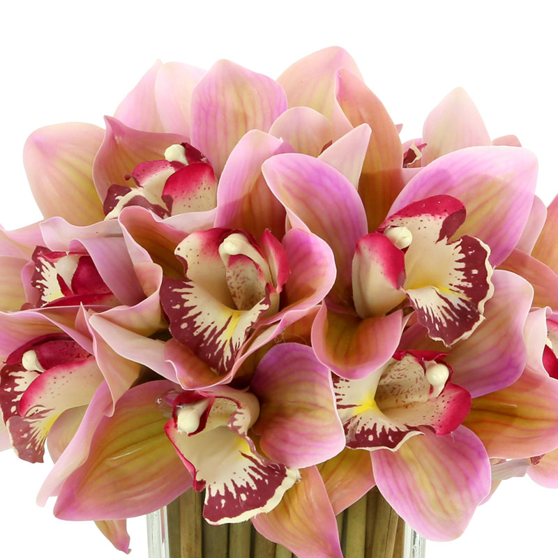 Orchids Arranged in Bamboo-Filled Glass Vase, Pink