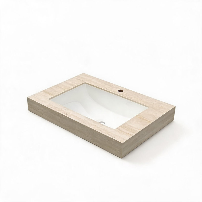 Comptoir en pierre frittée de 76 cm (30 pouces) à motif travertin beige Roma, avec lavabo encastré en céramique et trou pré-percé pour robinetterie standard.