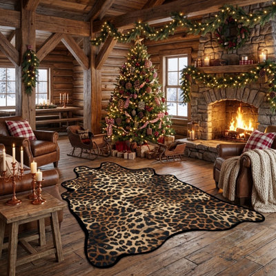 Tapis imprimé guépard 183 x 244 cm, tapis doux et moelleux à motif léopard, tapis à motifs animaliers pour salon, chambre, décoration de style campagnard (brun)