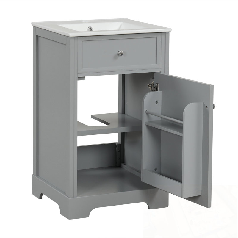 Meuble-lavabo de salle de bain avec lavabo, porte à fermeture douce, support de rangement et tablette réglable, Gris