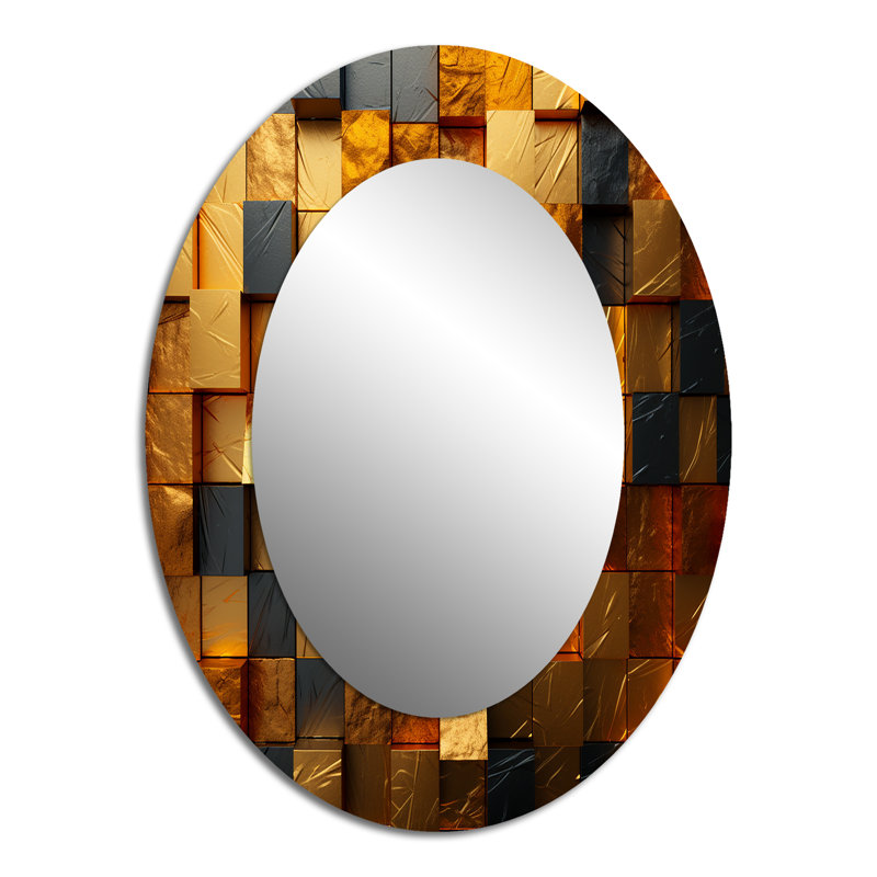 Miroir mural moderne ovale Grunge Gold Cubes, H 40 po x l 30 po