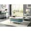 Console Shabby Chic en bleu sarcelle avec façade en faux marbre blanc et tablettes ouvertes