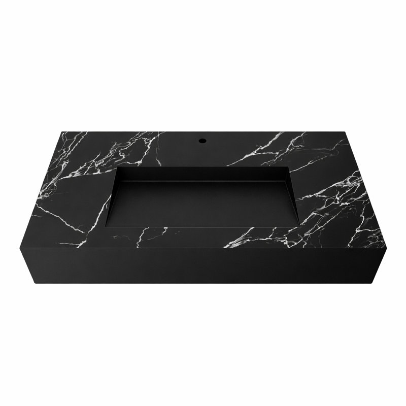 Lavabo de salle de bain mural rectangulaire à surface solide 36 po Pyramid - fini noir mat - avec trou pour robinet