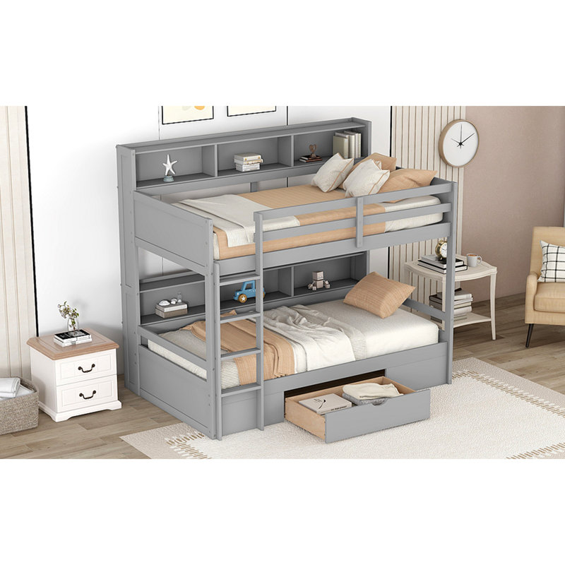 Lit superposé avec tablettes intégrées à côté des lits supérieur et inférieur et tiroir de rangement, Gris