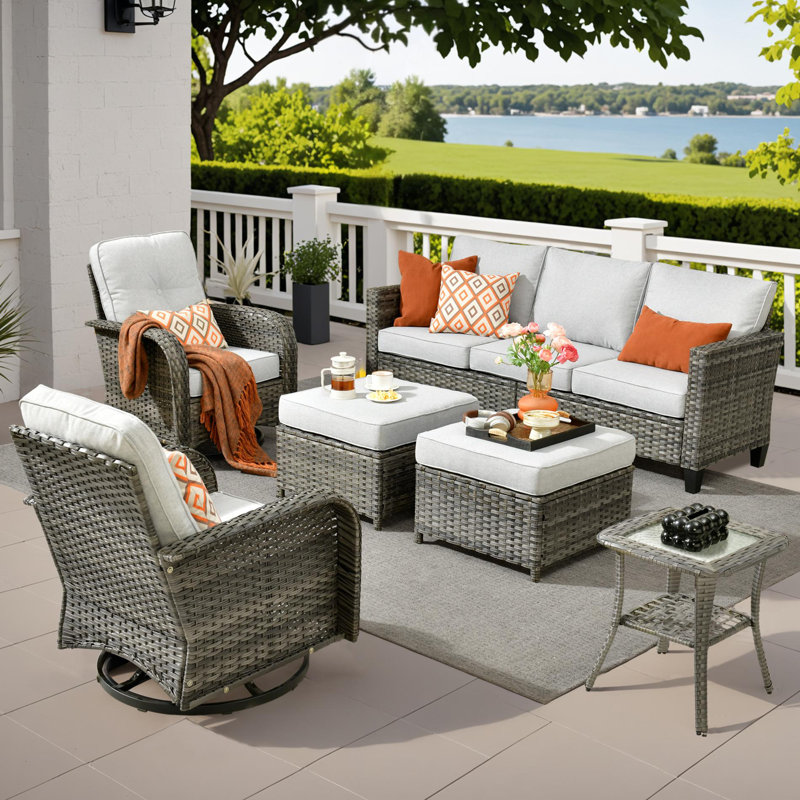 7 - Person Patio Furniture Set with Swivel Rocking Chairs, Outdoor Wicker Rattan Sofa Seating Group with Cushions, All Weather Conversation Set with Ottomans for Garden Backyard