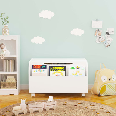 Boîte à jouets blanche en bois avec 4 roues universelles, rangement pour jouets pour enfants avec bibliothèque avant, couvercle rabattable, charnière de sécurité pour salle de jeux pour garçons