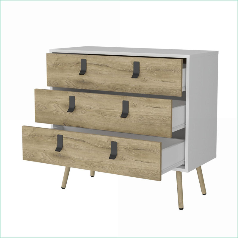 Commodes | Commode 3 tiroirs Kimball, blanc / macadamia avec pattes en bois | Bois d'ingénierie | Multicolore