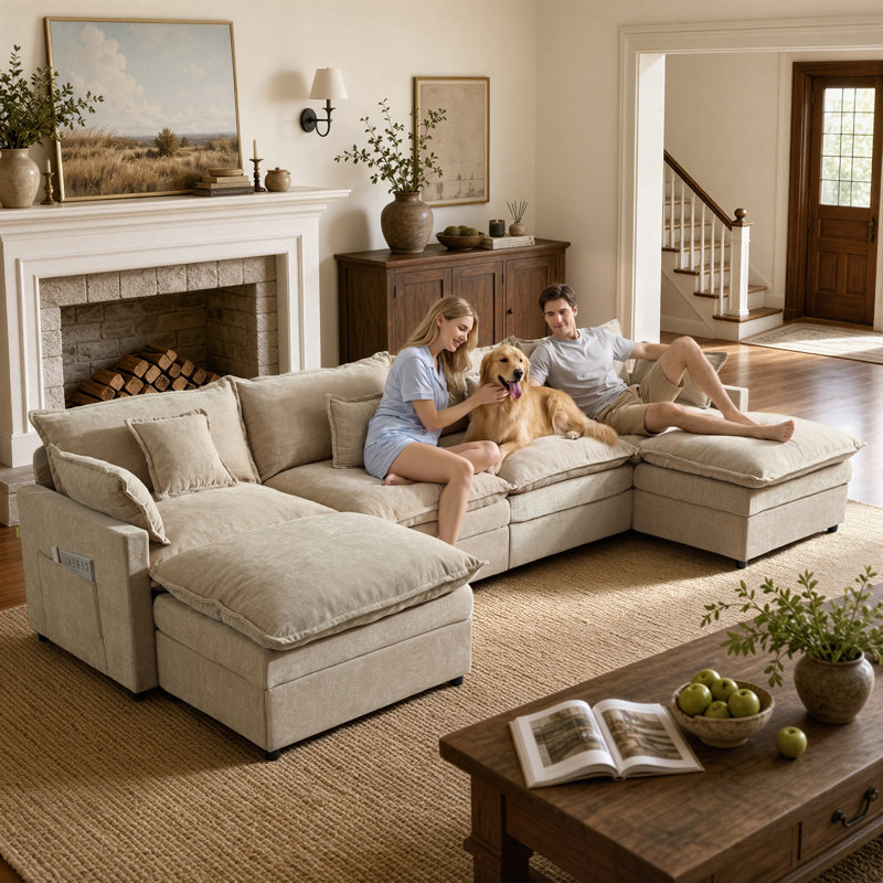 Canapé d'angle modulaire en forme de U de 142 pouces, combinaison libre avec poufs et coussins amovibles, Beige